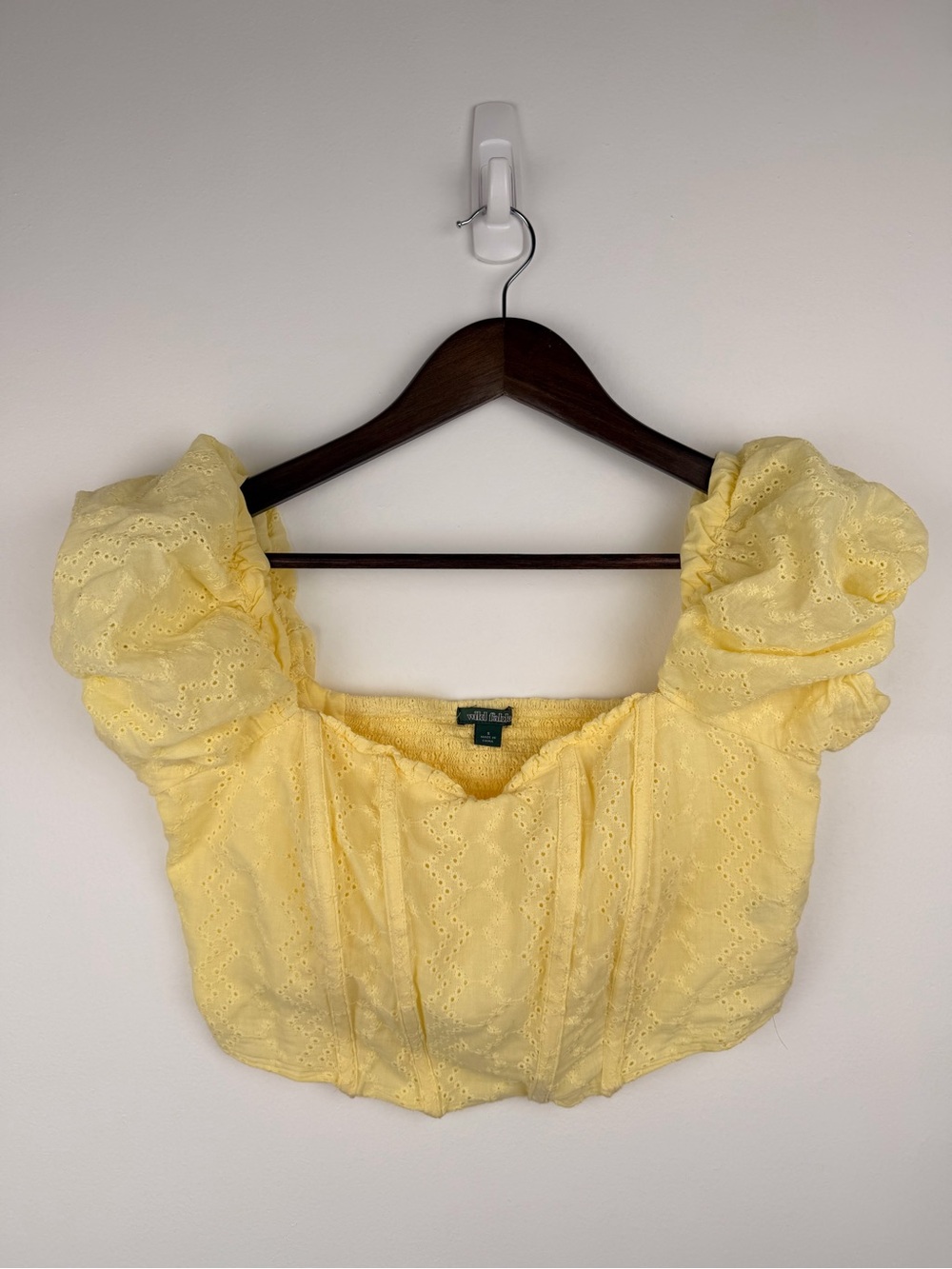 Wild Fable Womens Small Yellow Eyelet Puff Sleeve Crop Top Smocked Cottagecore